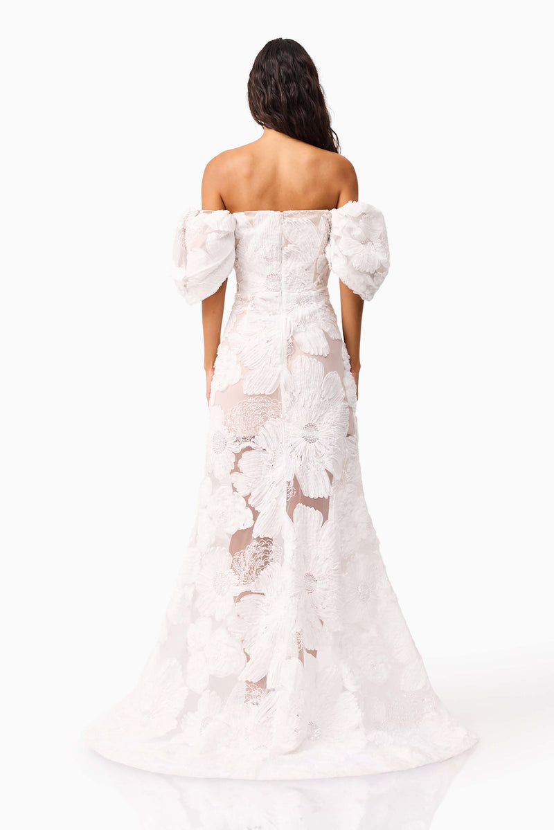 Brunette model wearing the Roxana Off The Shoulder Gown in White back shot 