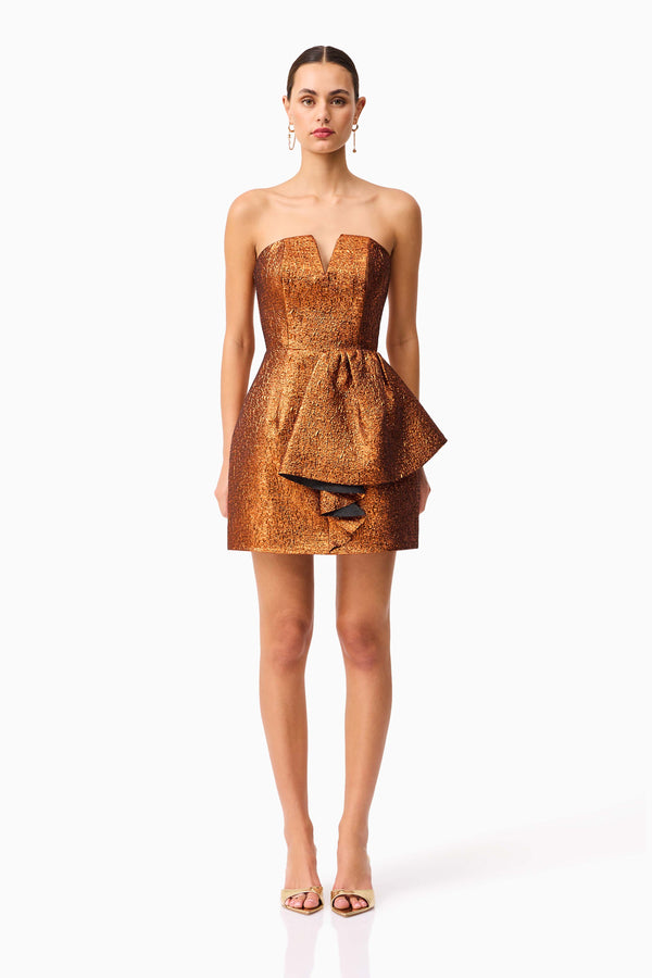 Brunette model wearing the Sapphira Strapless Mini Dress in Orange front shot