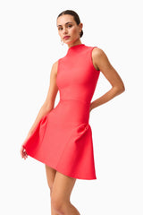 Brunette model wearing the Jesselle Mini Dress in Red close up shot 