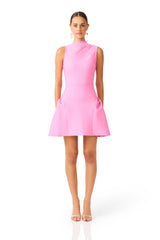 Brunette model wearing the Jesselle Mini Dress in Pink front shot