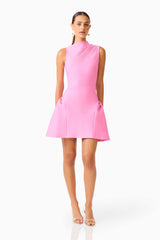 Brunette model wearing the Jesselle Mini Dress in Pink posed shot