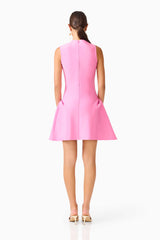 Brunette model wearing the Jesselle Mini Dress in Pink back shot