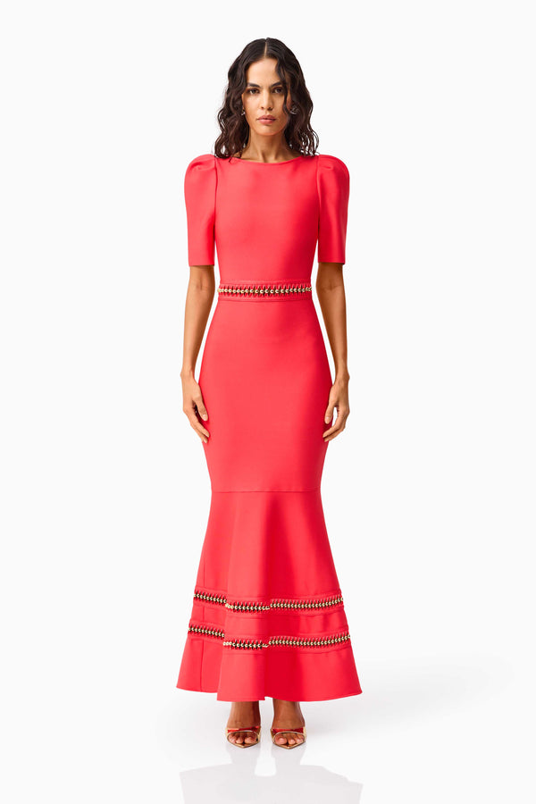 Brunette model wearing the Jesselle Short Sleeve Gown in Red front shot 