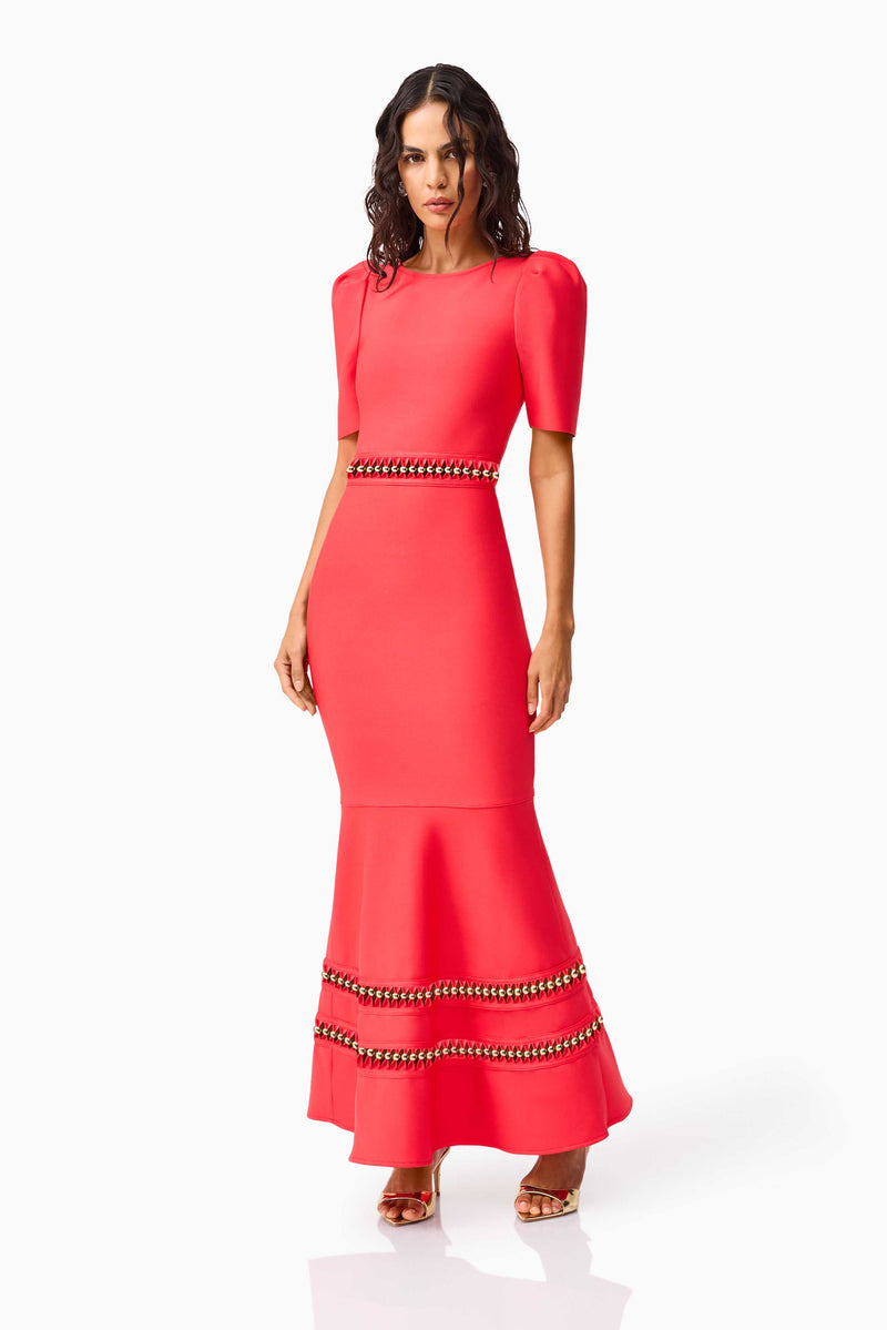 Brunette model wearing the Jesselle Short Sleeve Gown in Red posed shot 