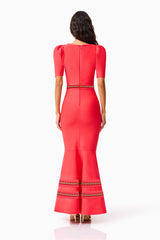 Brunette model wearing the Jesselle Short Sleeve Gown in Red back shot 