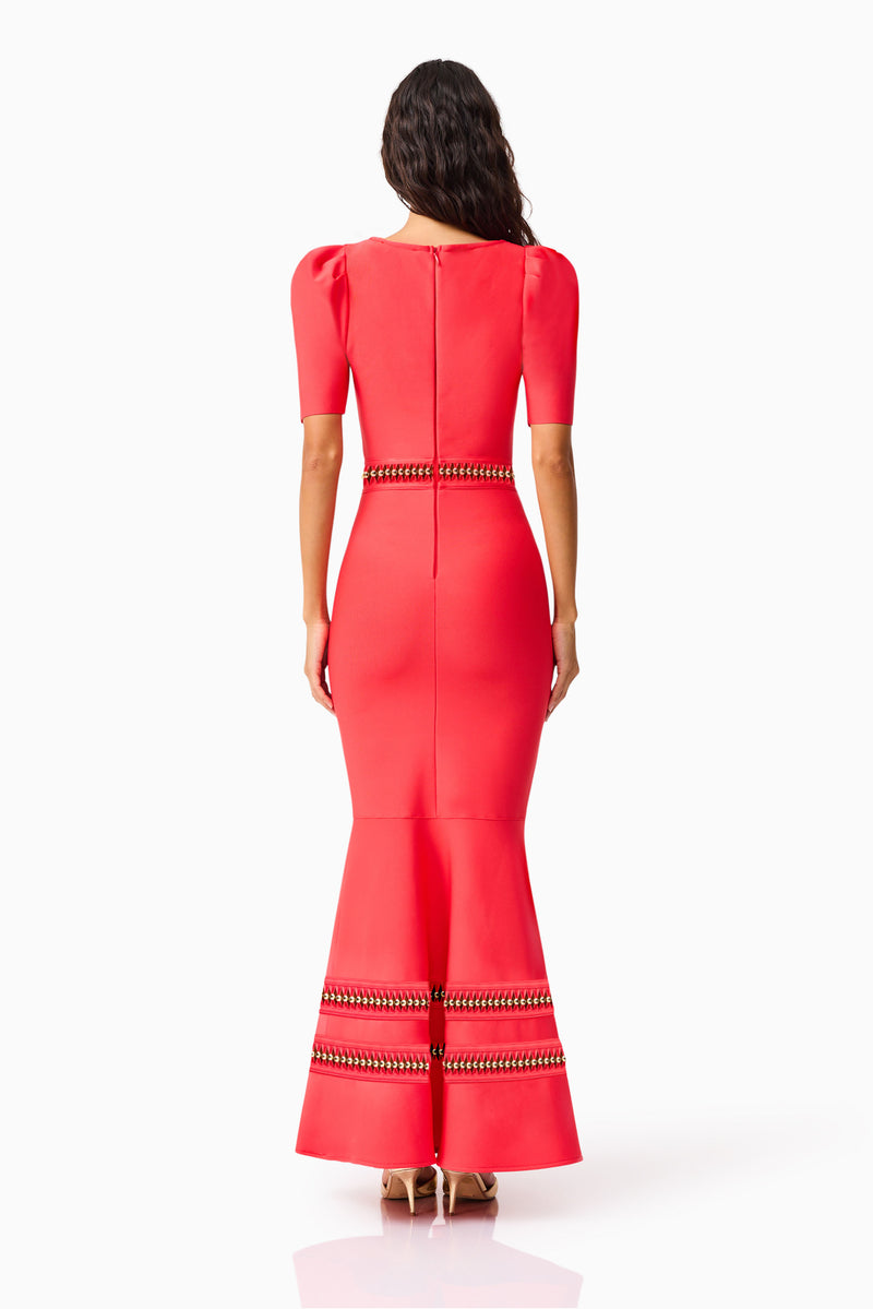 Brunette model wearing the Jesselle Short Sleeve Gown in Red back shot 