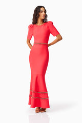 Brunette model wearing the Jesselle Short Sleeve Gown in Red posed looking away shot 