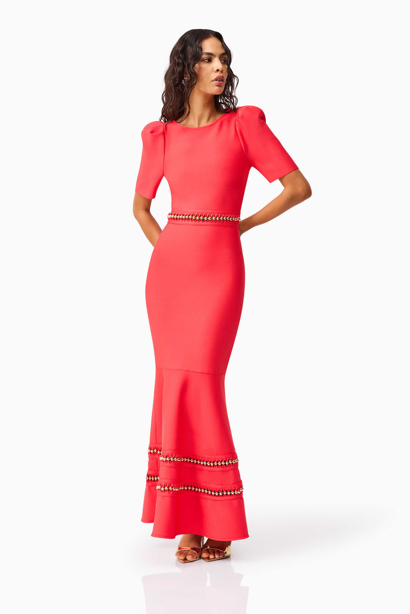 Brunette model wearing the Jesselle Short Sleeve Gown in Red posed looking away shot 