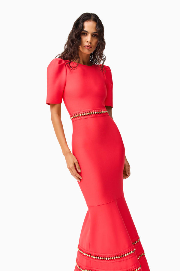 Brunette model wearing the Jesselle Short Sleeve Gown in Red close up shot 