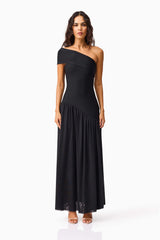 Brunette model wearing the Jesselle Off The Shoulder Gown in Black front shot 