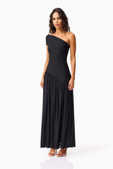 Brunette model wearing the Jesselle Off The Shoulder Gown in Black side shot 