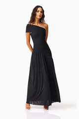 Brunette model wearing the Jesselle Off The Shoulder Gown in Black posed shot 