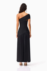 Brunette model wearing the Jesselle Off The Shoulder Gown in Black back shot 