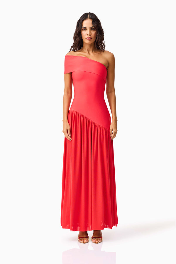 Brunette model wearing the Jesselle Off The Shoulder Gown in Red front shot 