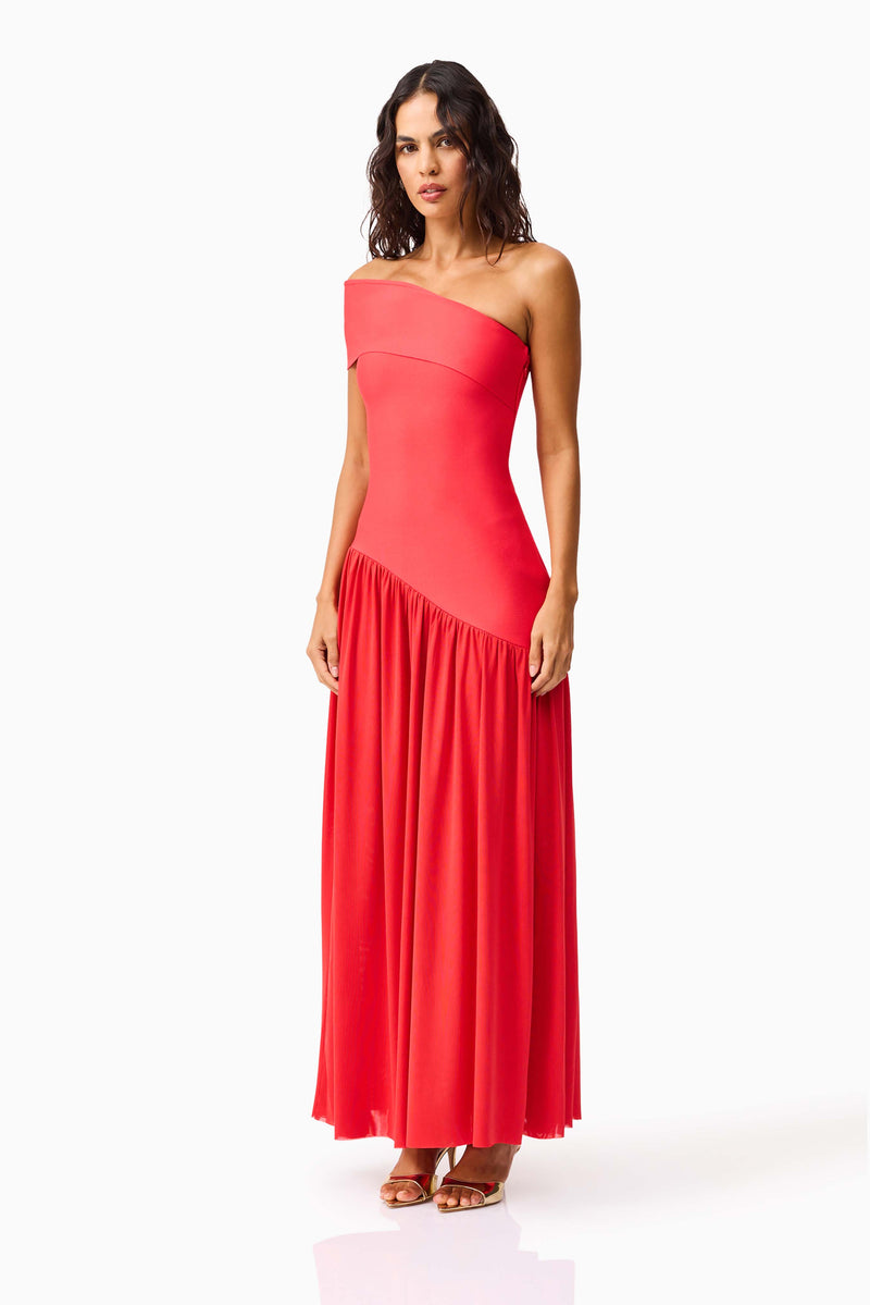 Brunette model wearing the Jesselle Off The Shoulder Gown in Red side shot 