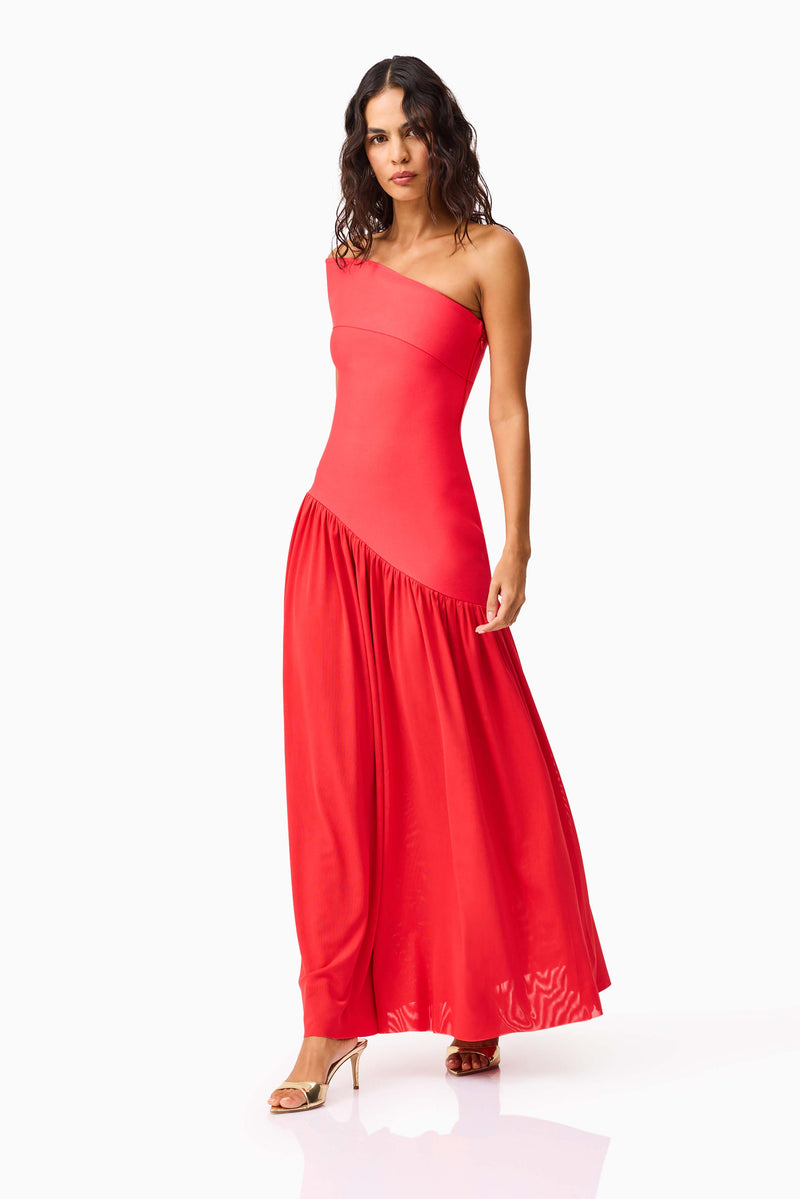 Brunette model wearing the Jesselle Off The Shoulder Gown in Red side posed shot 