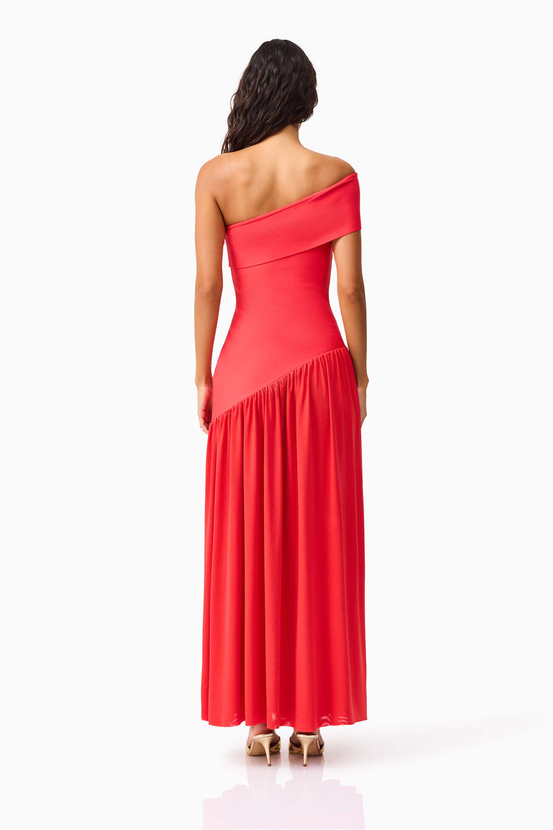 Brunette model wearing the Jesselle Off The Shoulder Gown in Red back shot 