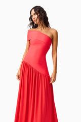 Brunette model wearing the Jesselle Off The Shoulder Gown in Red close up looking away shot 
