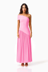 Brunette model wearing the Jesselle Off The Shoulder Gown in Pink front shot