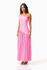 Brunette model wearing the Jesselle Off The Shoulder Gown in Pink side shot