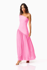 Brunette model wearing the Jesselle Off The Shoulder Gown in Pink posed walking shot