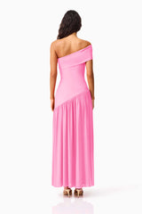 Brunette model wearing the Jesselle Off The Shoulder Gown in Pink back shot