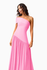 Brunette model wearing the Jesselle Off The Shoulder Gown in Pink close up shot