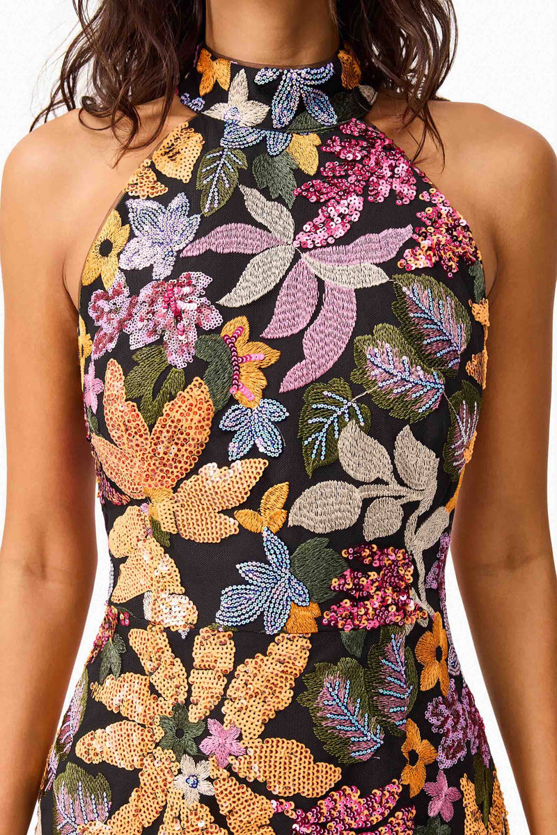 bhldn aura sleeveless halter plunge 3d floral organza maxi dress Halter Ruffle 3D Floral Maxi Dress Violet Aurora