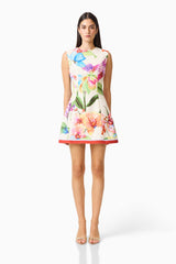 Glinda A-Line Mini Dress in Multi Floral with   A-line silhouette & sleeveless detailing front shot