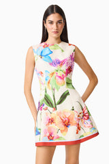 Glinda A-Line Mini Dress in Multi Floral with   A-line silhouette & sleeveless detailing close up shot