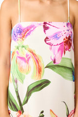 Model wears A-Line Maxi Dress in Floral Multi close up shot