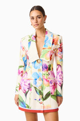 Glinda Blazer Dress in Multi Floral With long sleeves & collar V neckline close up shot