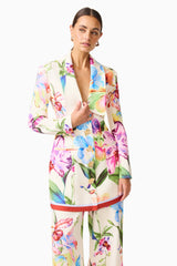 Glinda Blazer Dress in Multi Floral With long sleeves & collar V neckline close u posed shot styles with pants