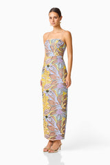 Seraphine Column Maxi Dress in Floral Multi with sequin fabrication side shot