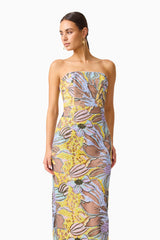 Seraphine Column Maxi Dress in Floral Multi with sequin fabrication close up posed shot