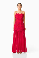 Petaluxe Lace Gown in Red with scalloped edge neckline front shot