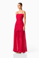 Petaluxe Lace Gown in Red with scalloped edge neckline & removable straps side shot