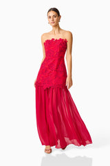 Petaluxe Lace Gown in Red with scalloped edge neckline front posed shot