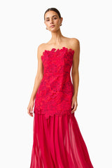 Petaluxe Lace Gown in Red with scalloped edge neckline close up front shot