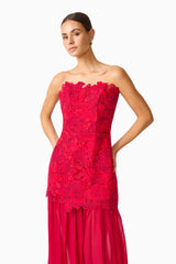 Petaluxe Lace Gown in Red with scalloped edge neckline close up posed front shot
