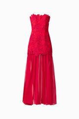 Petaluxe Lace Gown in Red with scalloped edge neckline ghost shot