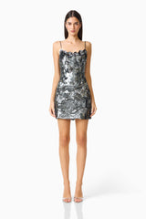 Titania Party Mini Dress in Deep Silver with 3d flower trim front shot