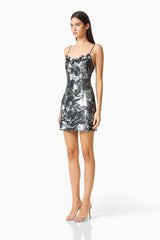 Titania Party Mini Dress in Deep Silver with 3d flower trim side shot
