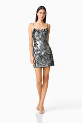 Titania Party Mini Dress in Deep Silver with 3d flower trim posed shot