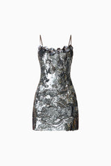 Titania Party Mini Dress in Deep Silver with 3d flower trim ghost shot