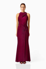Genovia High Neck Gown in Garnet Pink with ruching details & high neckline front shot