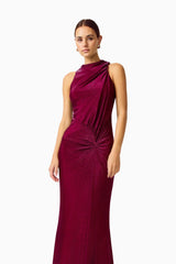 Genovia High Neck Gown in Garnet Pink with ruching details & high neckline close up shot