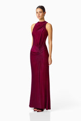 Genovia High Neck Gown in Garnet Pink with ruching details & high neckline side shot