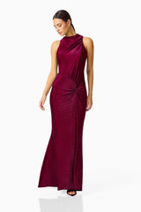 Genovia High Neck Gown in Garnet Pink with ruching details & high neckline posed shot