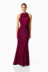 Genovia High Neck Gown in Garnet Pink with ruching details & high neckline posed front shot